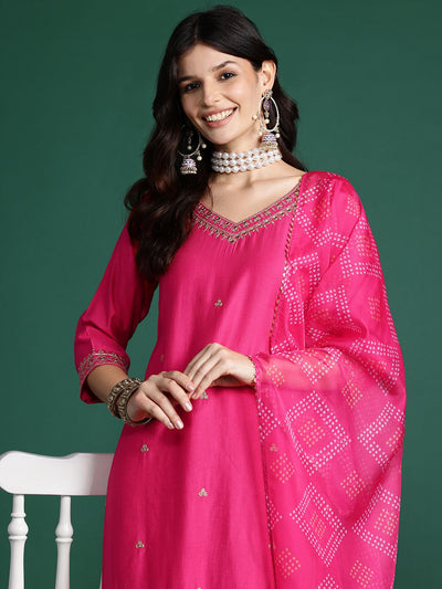 Indyancart IE Embroidered Liva Kurta with Trousers & With Bandhani Print Dupatta