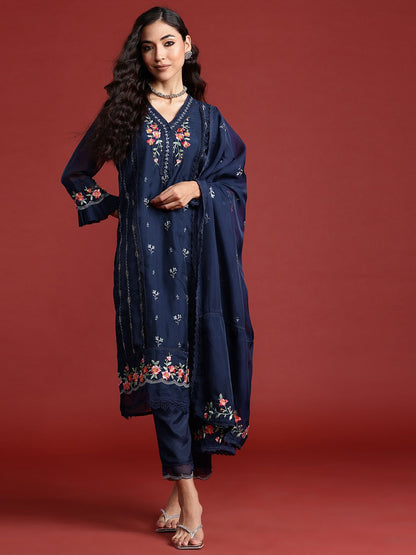 Indyancart IE Women Floral Embroidered Panelled Thread Work Kurta with Trousers & With Dupatta