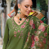 Dhiyona IE Floral Embroidered V-Neck Thread Work Liva Straight Kurta & Trousers With Dupatta