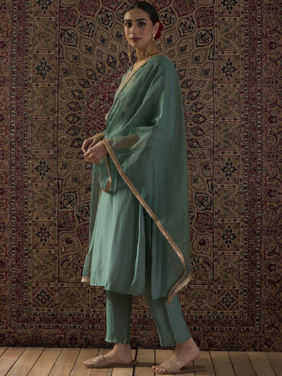 Indyancart IE Ethnic Motifs Embroidered Regular Thread Work Kurta With Trousers & Dupatta