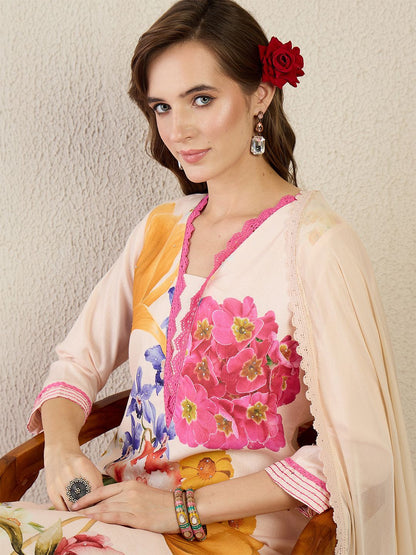 Women Floral Printed Linen Kurta with Trousers & Dupatta