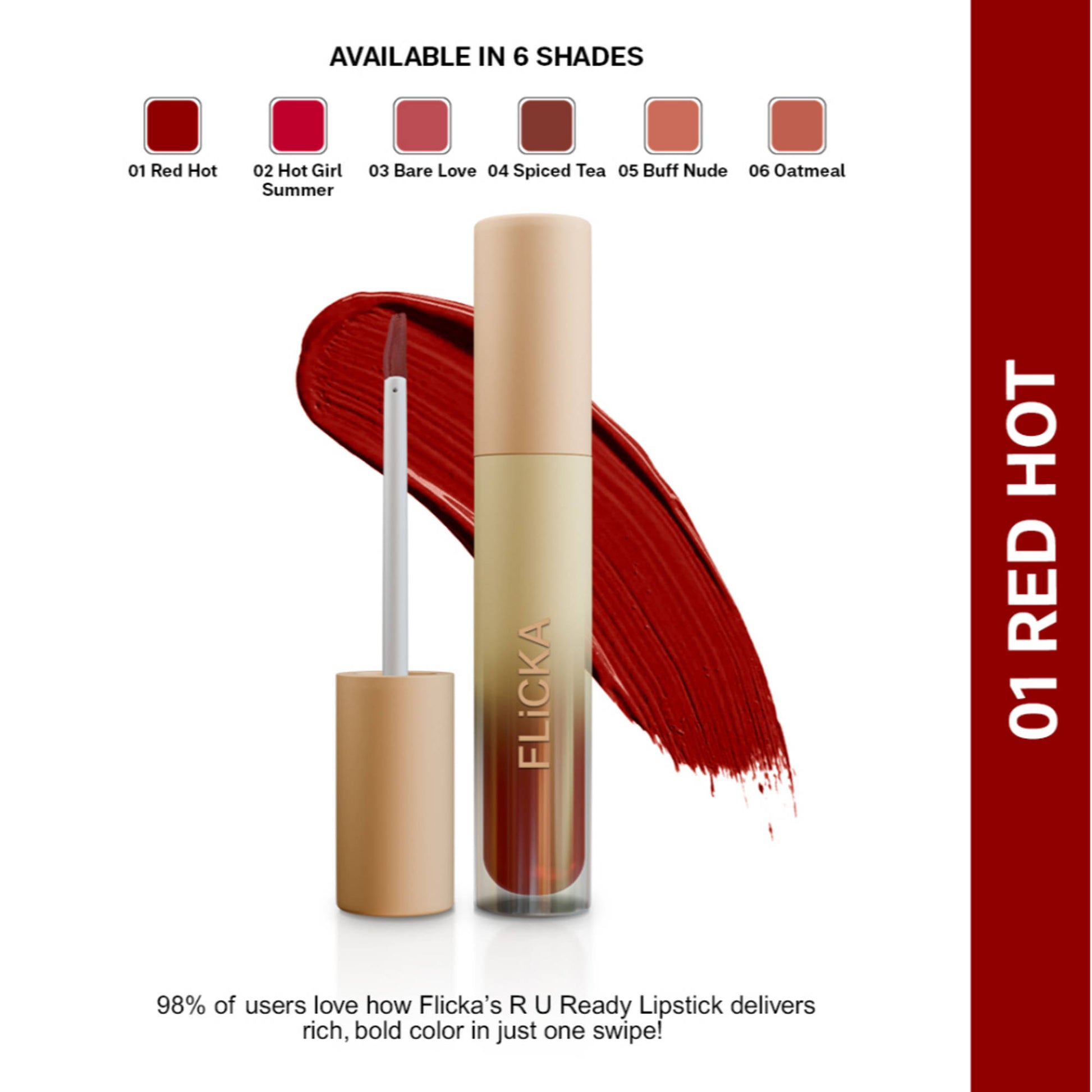 Flicka Ru Ready Liquid Matte Lipstick Lightweight Easy Apply Super Smooth Finish - 01 Red Hot