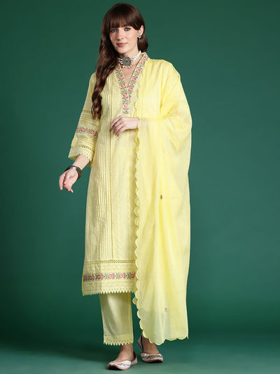Indyancart IE Floral Embroidered Pure Cotton Kurta with Trousers & Dupatta