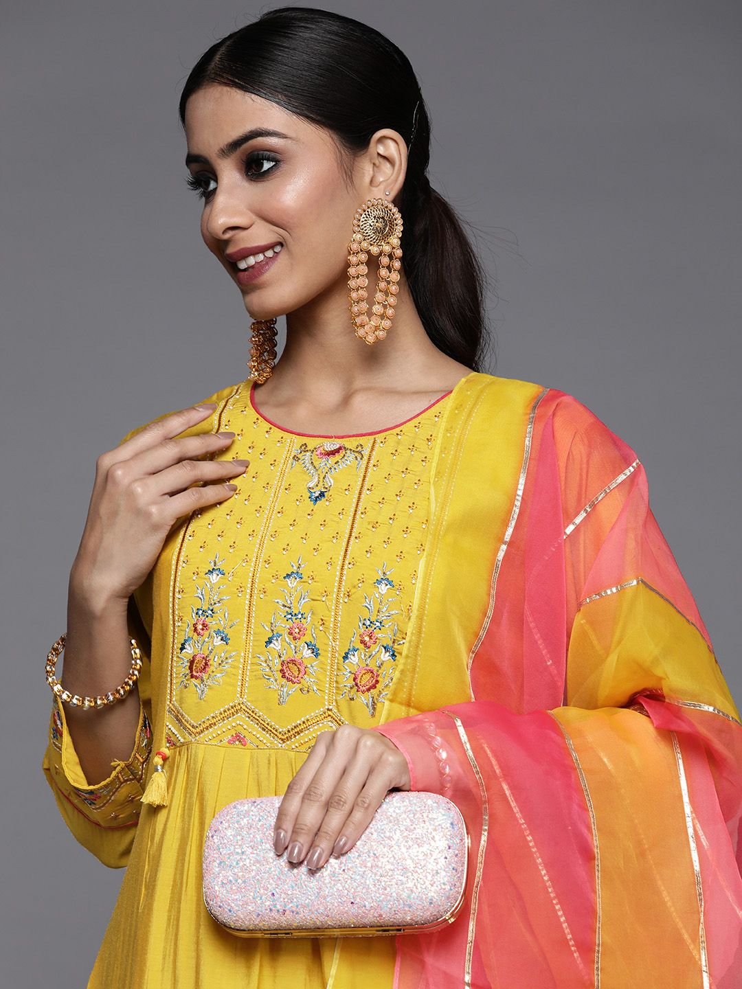 Indyancart VA Women's Yellow Ethnic Motifs Embroidered Beads and Stones Kurta with Trousers & With Dupatta