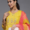 Indyancart VA Women's Yellow Ethnic Motifs Embroidered Beads and Stones Kurta with Trousers & With Dupatta