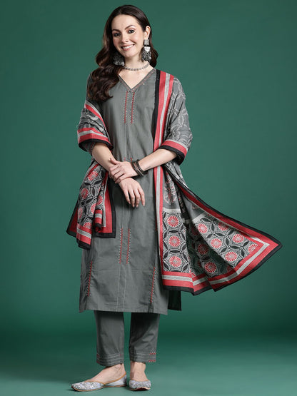 Embroidered Thread Work Pure Cotton Kurta with Trousers & With Dupatta