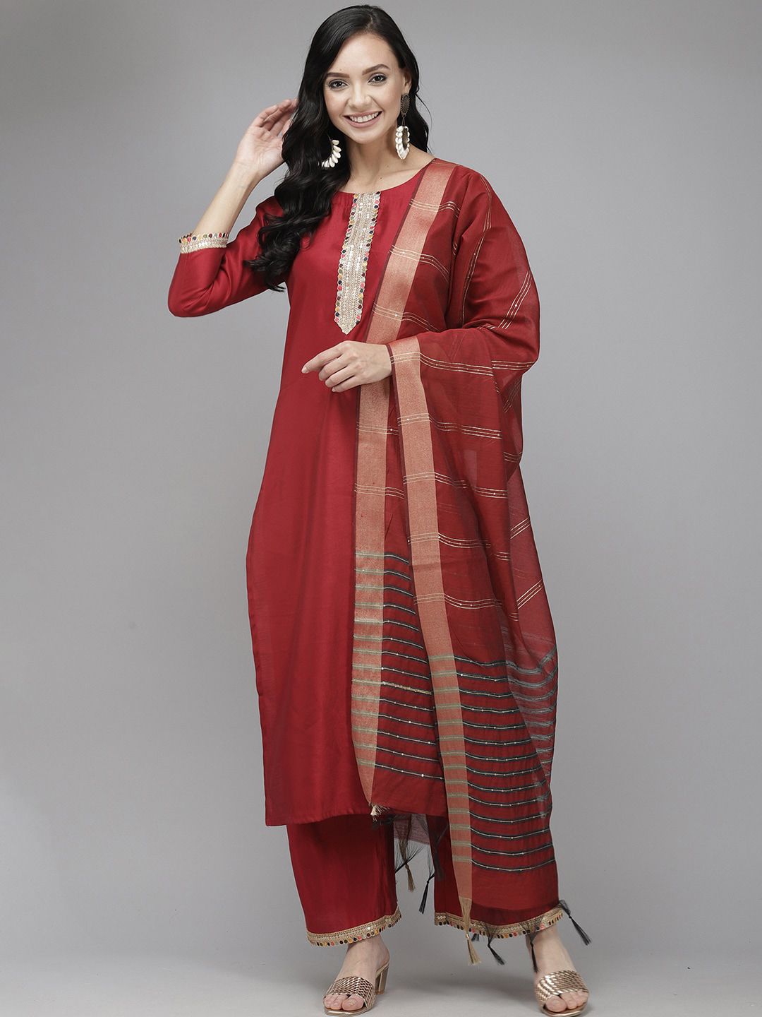 Indyancart IE Women Round Neck Liva Kurta & Palazzos With Dupatta