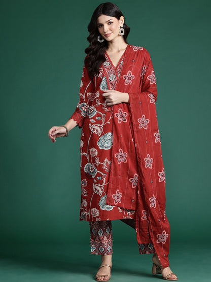 Floral Printed Sequinned Pure Cotton Kurta With Trousers & Dupatta