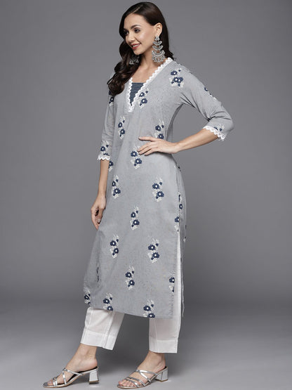 Indyancart IE Women Grey & Blue Floral Printed Pure Cotton Kurta