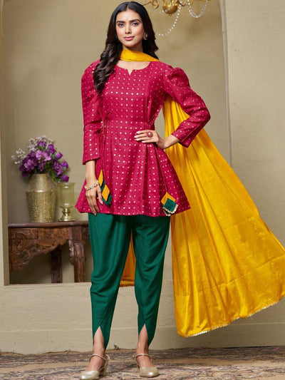 Indyancart SN Women's Cotton Silk Zari Embroidered Kurti Dhoti and Dupatta Set