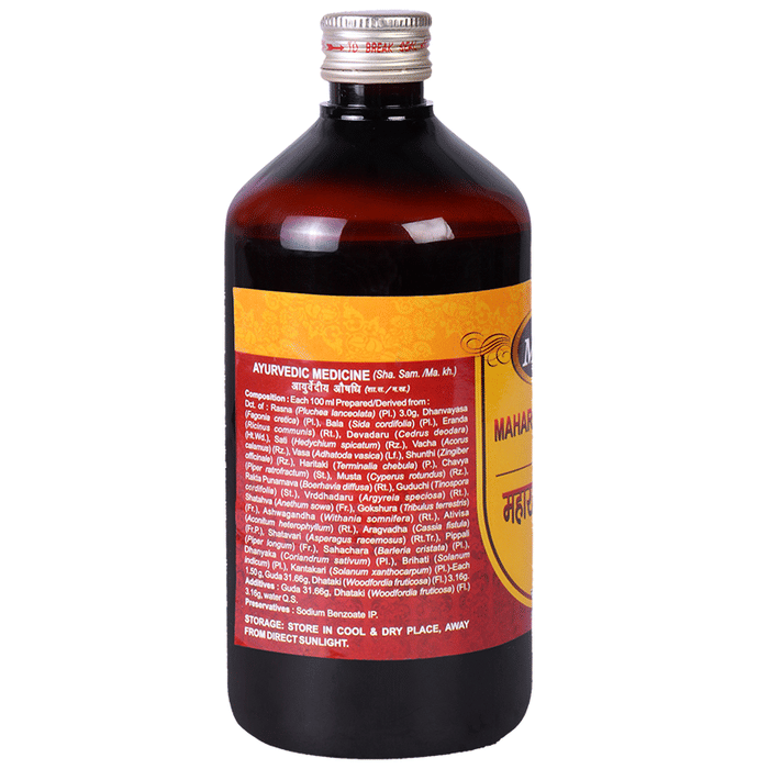 Bottle of Multani Maharasnadi Kwath Ayurvedic syrup with herbal ingredients in a clear glass container.