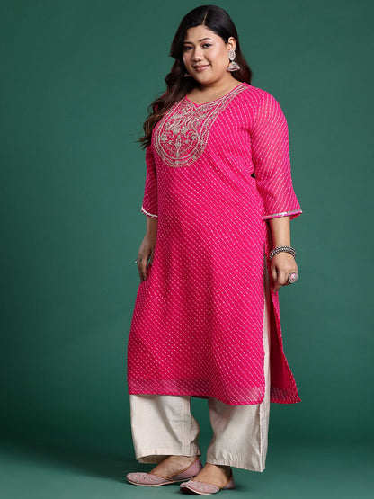 Indyancart IE Plus Size Ethnic Motifs Embroidered Sequinned Georgette Kurta