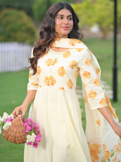 Women Floral Printed Regular Pure Cotton Kurta with Trousers & Dupatta