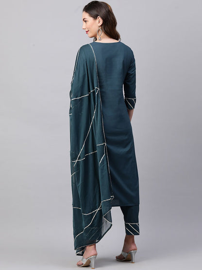 Dhiyona IE Women Teal Green & Golden Gotta Patti Pure Cotton Kurta with Trousers & Dupatta