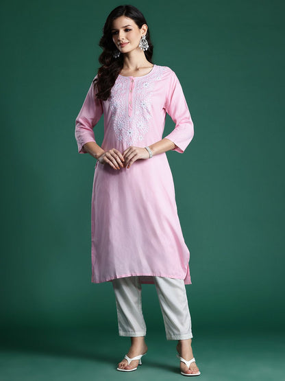 Indyancart IE Floral Embroidered Thread Work Kurta