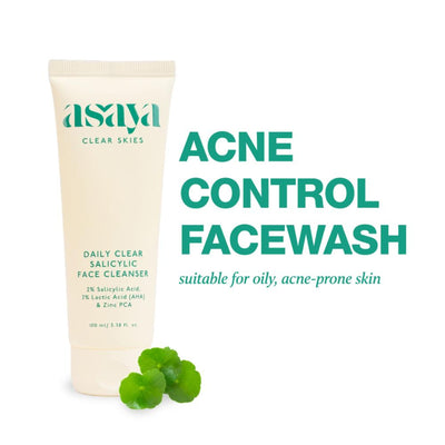 Asaya Daily Clear 2% Salicylic Acid Face Wash for Oily & Acne-Prone Skin with Lactic Acid & Zinc PCA