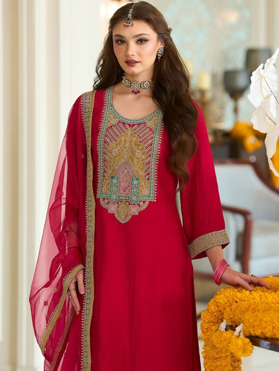 Indyancart IE Women Ethnic Motifs Embroidered A-Line Kurta with Trousers & Dupatta