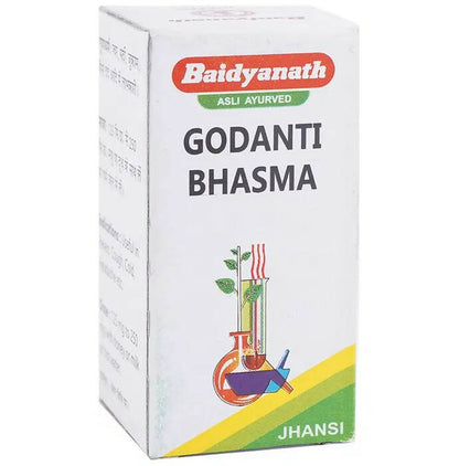 Baidyanath Jhansi Godanti Bhasma Ayurvedic powder in a glass jar with a white and orange label.