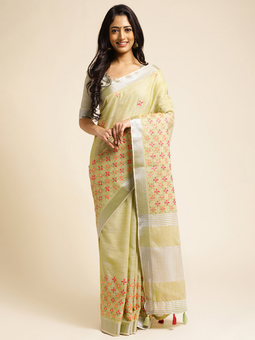 Dhiyona GR Women's CT Pista Green Cotton Linen Silk Embroidered Saree