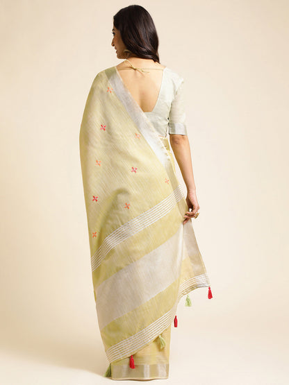Dhiyona GR Women's CT Pista Green Cotton Linen Silk Embroidered Saree
