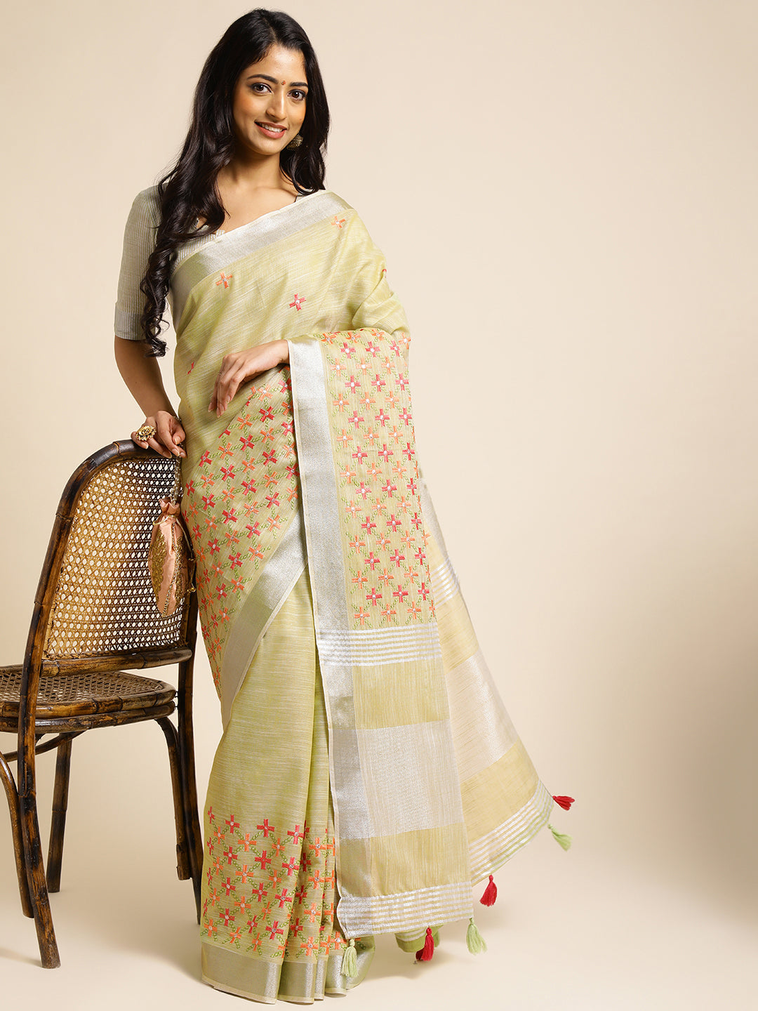 Dhiyona GR Women's CT Pista Green Cotton Linen Silk Embroidered Saree