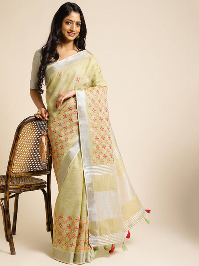 Indyancart GR Women's CT Pista Green Cotton Linen Silk Embroidered Saree