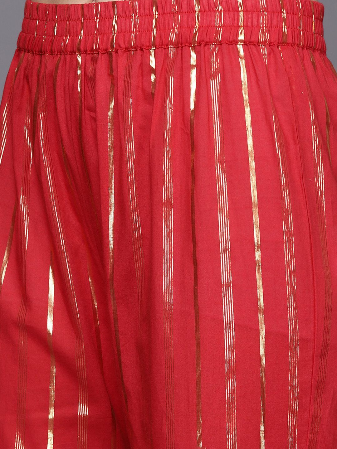 Indyancart VA Women's Red Striped Kurta with Sharara & With Dupatta