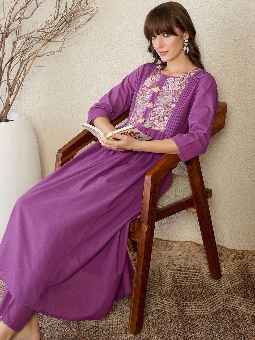 Indyancart IE Embroidered Round Neck Top With Trousers Co-Ords