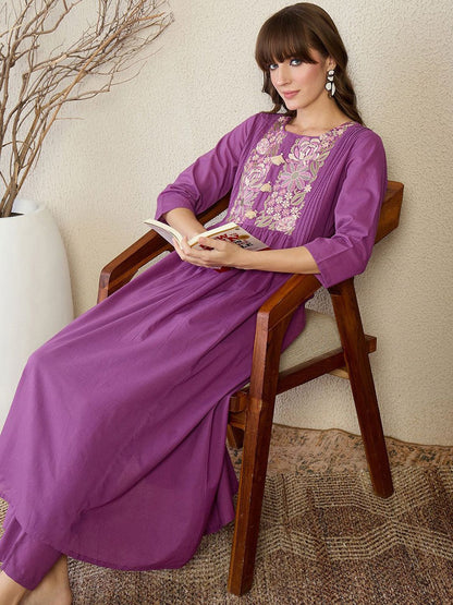 Indyancart IE Embroidered Round Neck Top With Trousers Co-Ords