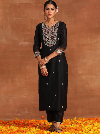 Indyancart IE Floral Embroidered Thread Work Liva Kurta with Trousers & Dupatta