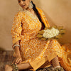 Dhiyona IE Mustard Floral Printed V-Neck Thread Work Straight Kurta With Trousers & Dupatta