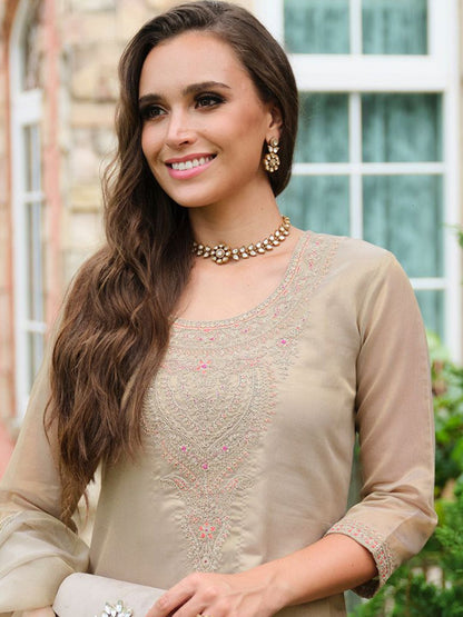 Floral Yoke Design Sequnnied Straight Kurta With Trousers & Dupatta