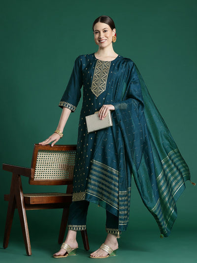 Dhiyona IE Women Embroidered Regular Sequinned Chanderi Silk Kurta with Trousers & With Dupatta