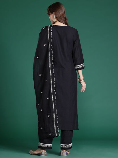 Floral Embroidered Pure Cotton Kurta with Trousers & Dupatta