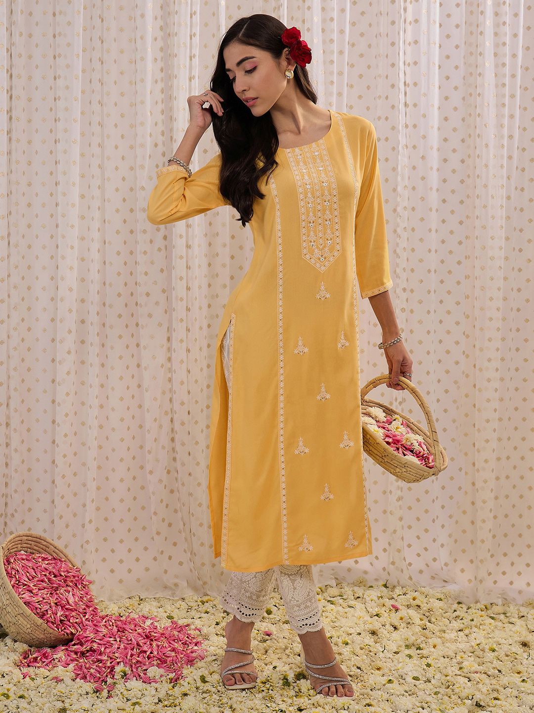 Indyancart IE Floral Embroidered Round Neck Three-Quarter Sleeves Straight Kurta