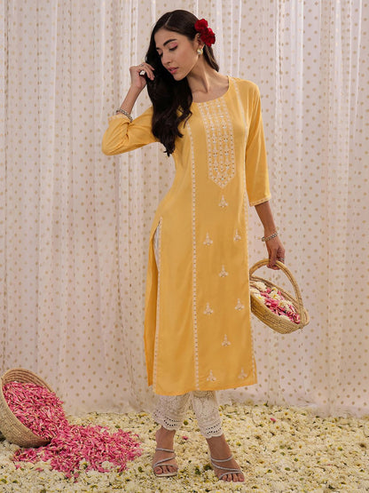Indyancart IE Floral Embroidered Round Neck Three-Quarter Sleeves Straight Kurta