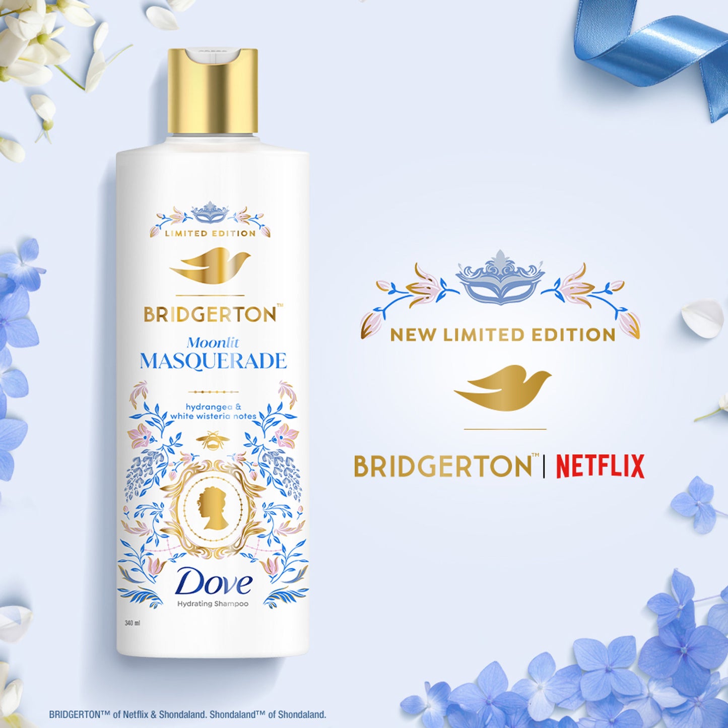 Limited Edition Dove Bridgerton Moonlit Masquerade Hydrating Shampoo for upto 100 hrs for dry hair