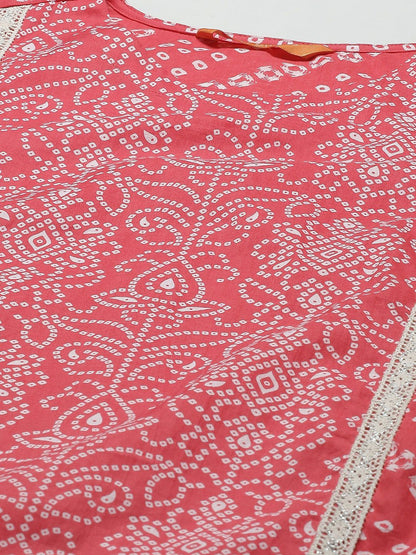 Indyancart IE Women Pink Bandhani Printed Regular Pure Cotton Kurta with Palazzos