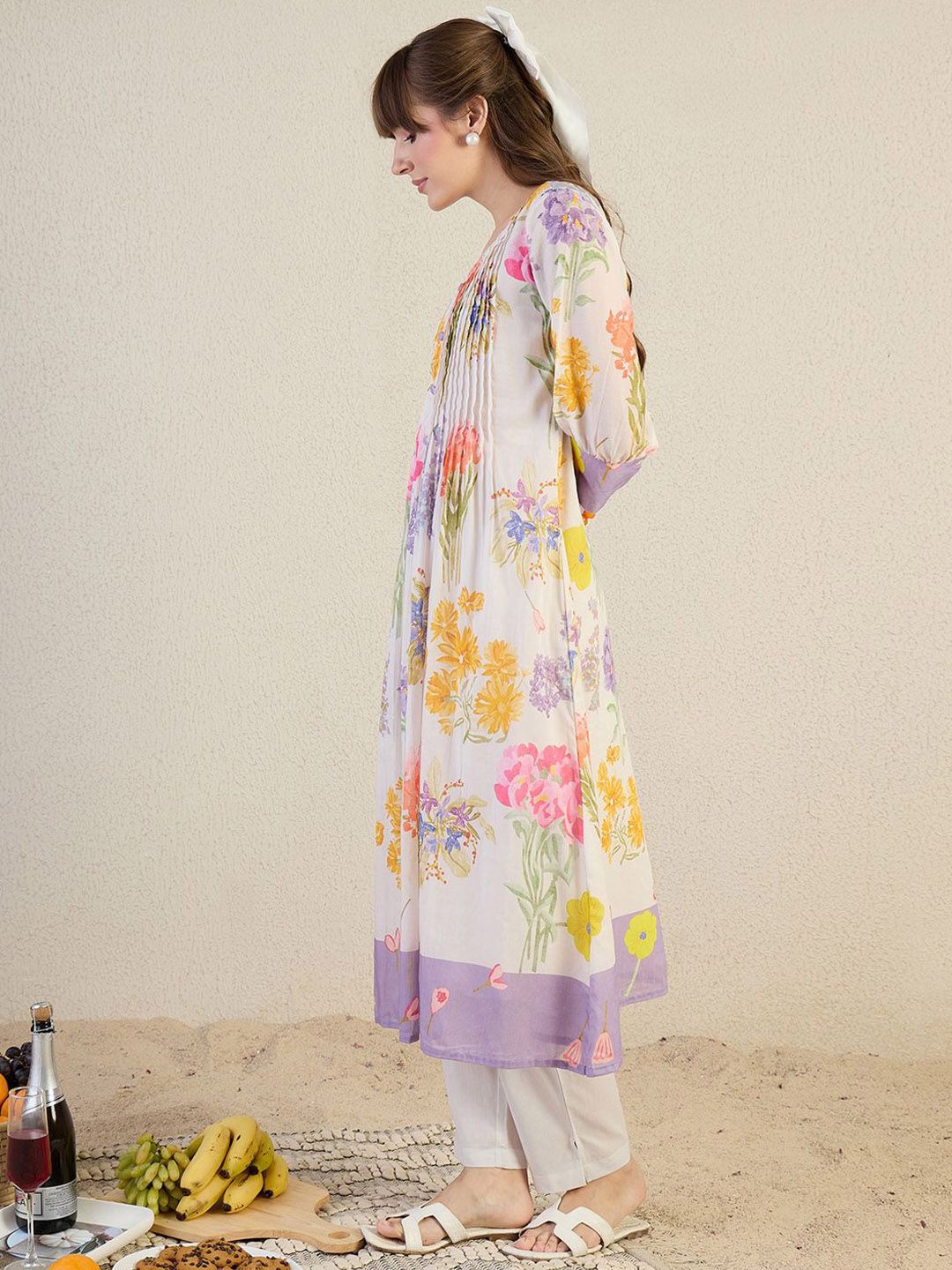 Indyancart IE Printed Pure Cotton Round Neck Top With Trousers Co-Ords