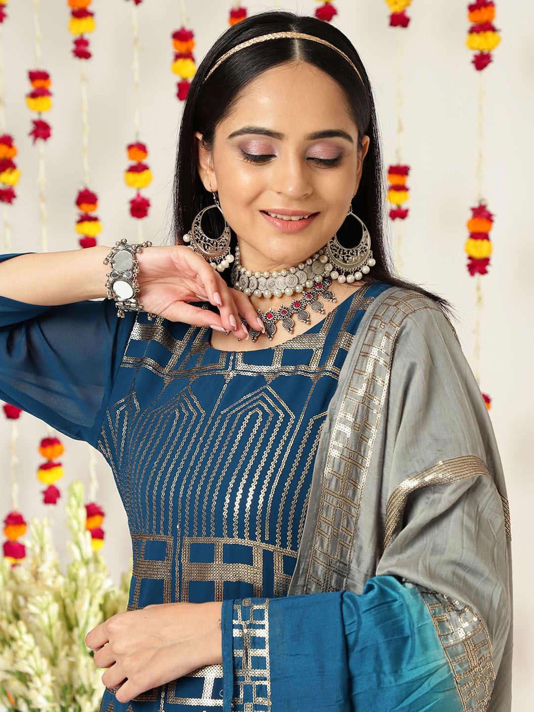 Indyancart VA Women'sEthnic motifs Embroidered Sequinned Straight Kurta & Sharara With Dupatta