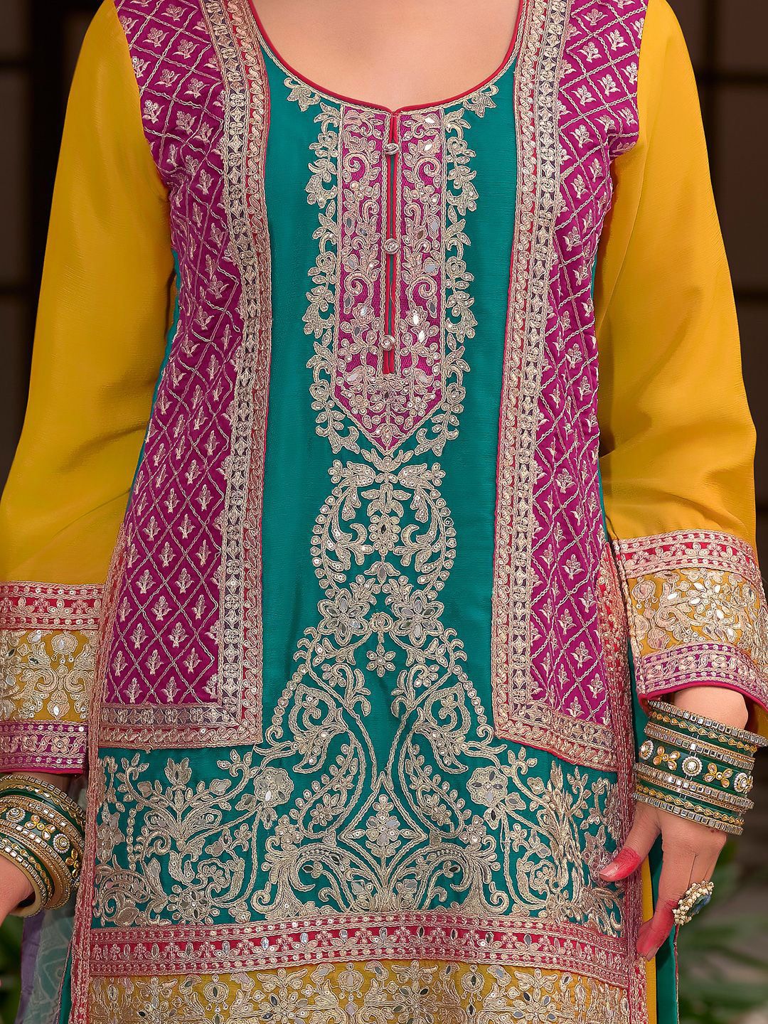 Indyancart IE Floral Embroidered Round Neck Mirror Work Kura With Palazzos & Dupatta