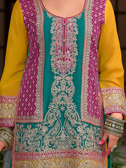 Indyancart IE Floral Embroidered Round Neck Mirror Work Kura With Palazzos & Dupatta