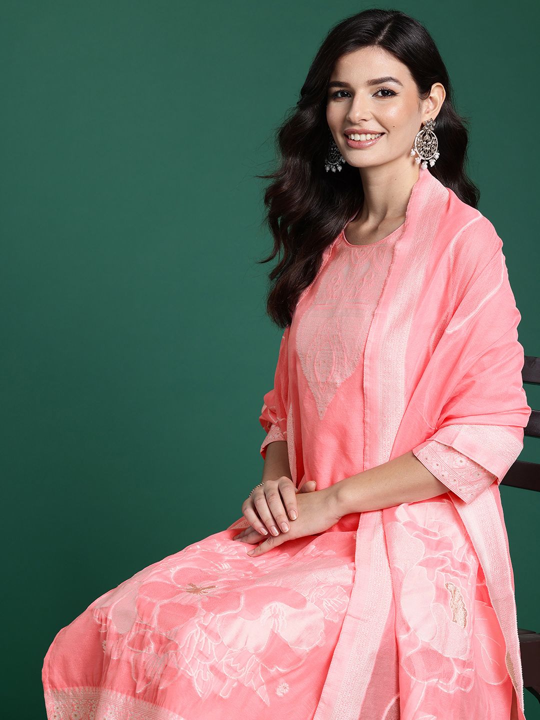 Ethnic Motifs Woven Design Kurta With Trousers & Dupatta