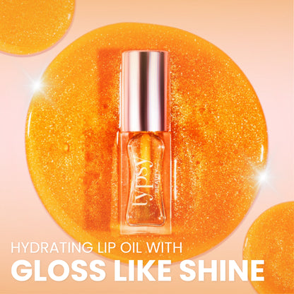 Typsy Beauty Hi Honey! SPF 25 Lip Oil bottle with yellow cap and clear packaging, displaying the product label and lip oil inside.