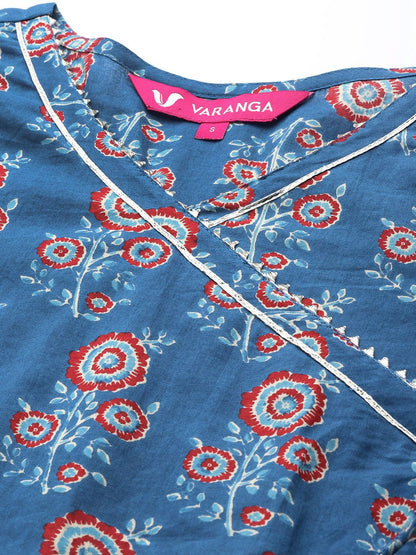 Indyancart VA Women's Blue Ethnic Motifs Printed Angrakha Gotta Patti Kurta with Trousers & With Dupatta