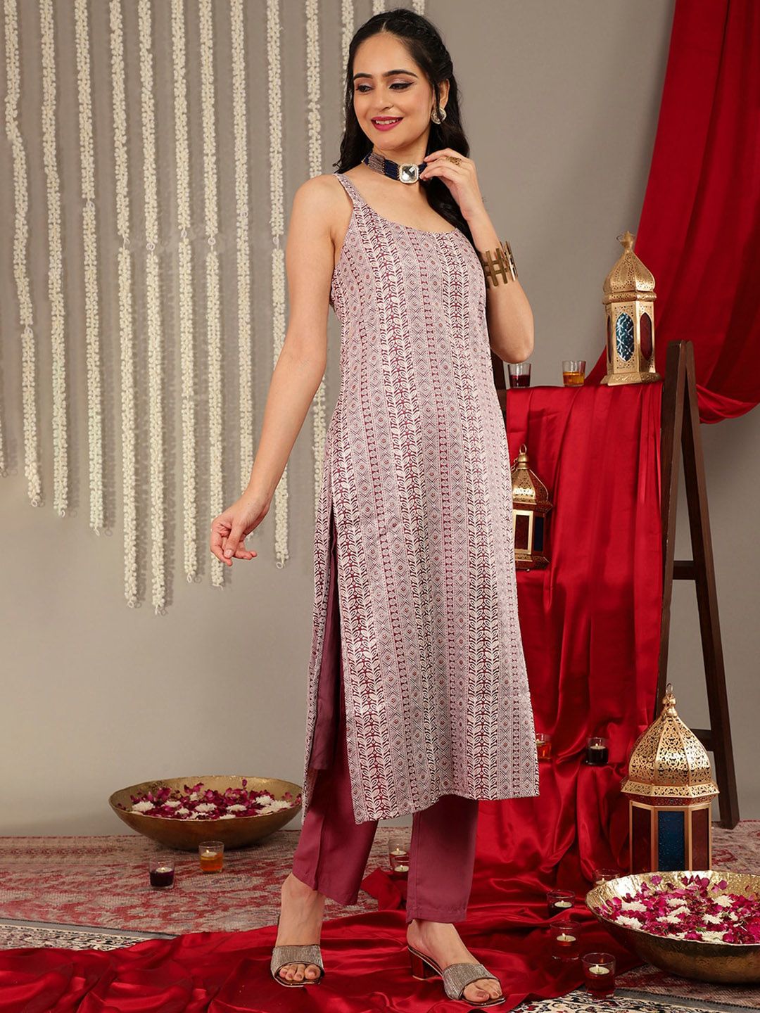 Indyancart VA Women's Shoulder Straps Woven Printed Straight Kurta & Trouser With Dupatta