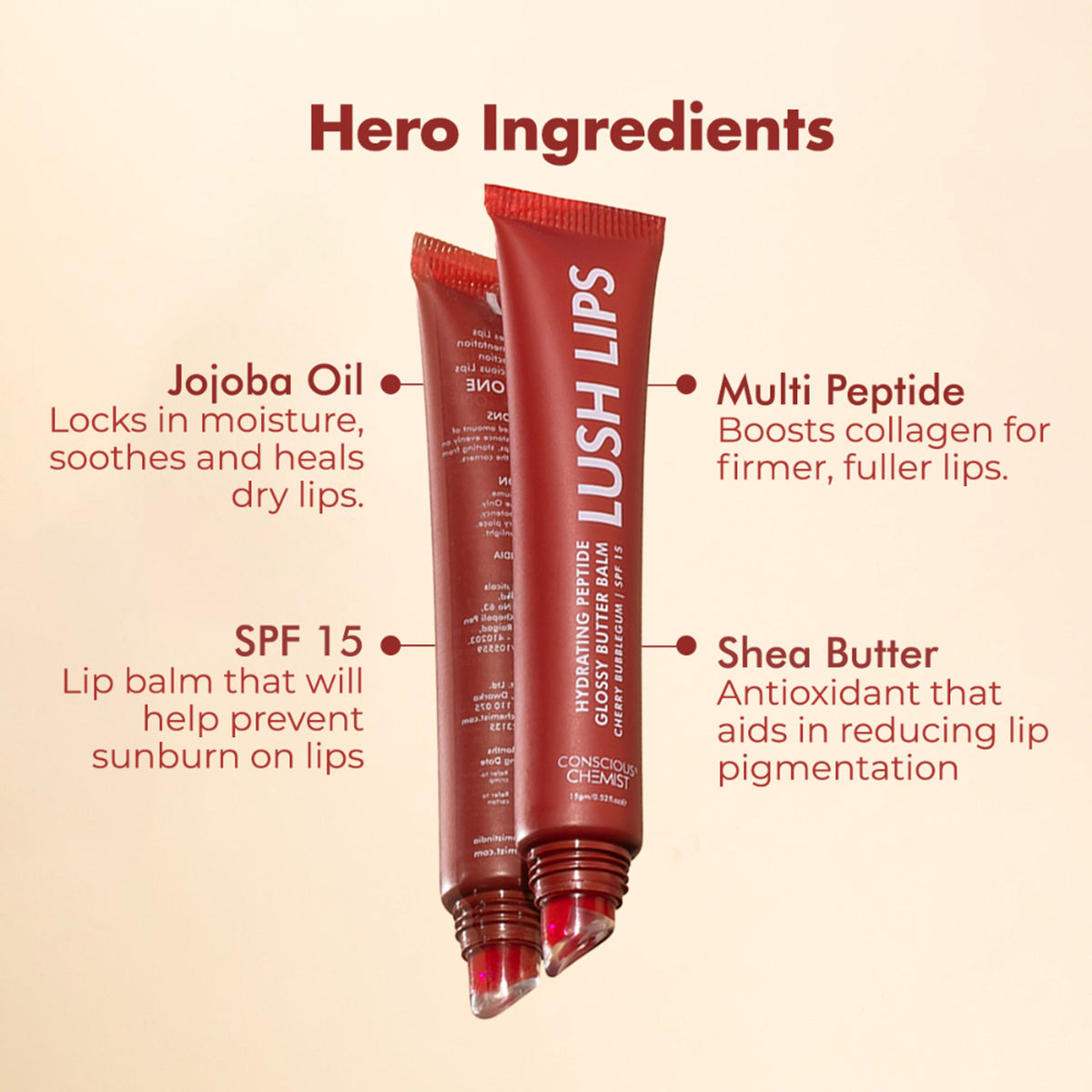 Conscious Chemist Multi Peptide & Shea Butter Lip Balm with SPF15 - Cherry Bubblegum