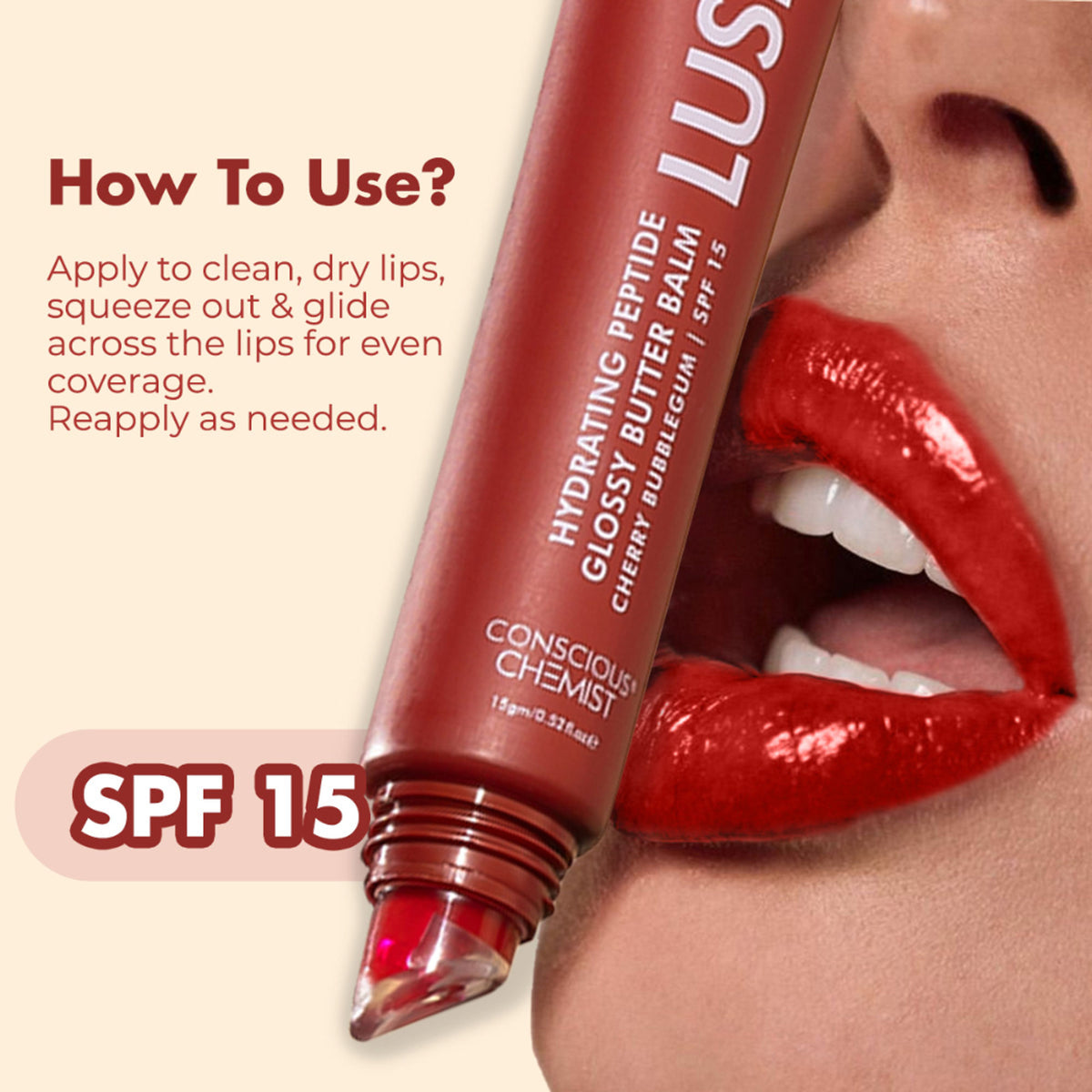 Conscious Chemist Multi Peptide & Shea Butter Lip Balm with SPF15 - Cherry Bubblegum