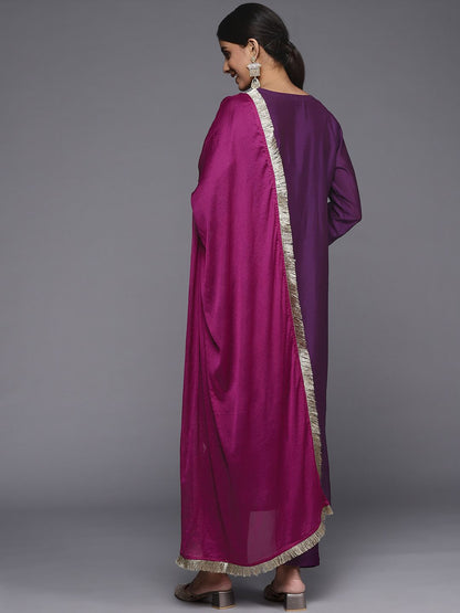 Indyancart VA Women's Purple Ethnic Motifs Embroidered Kurta with Trousers & With Dupatta