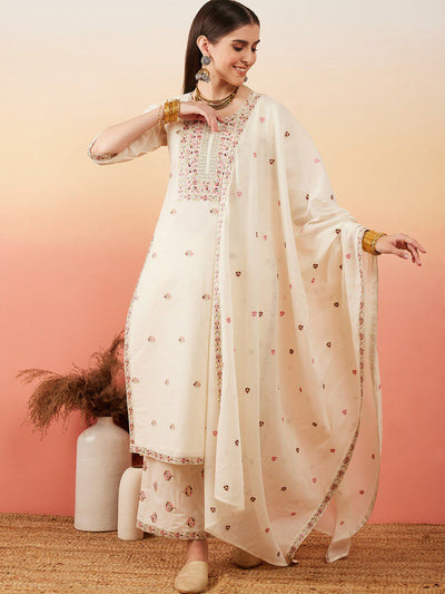 Indyancart SN Women's Floral Embroidered Pure Cotton Straight Kurta With Palazzo & Dupatta
